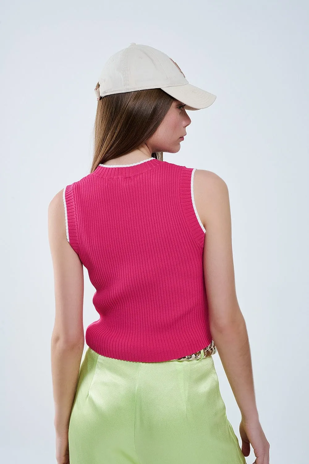 Raspberry Pink Fitted Tank Top With White Trim