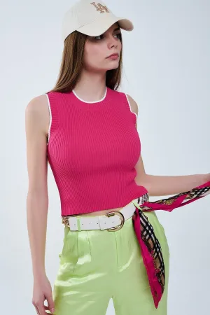 Raspberry Pink Fitted Tank Top With White Trim