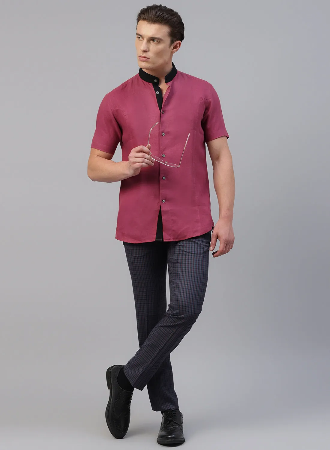 Red Linen Band Collar Half Sleeve Shirt