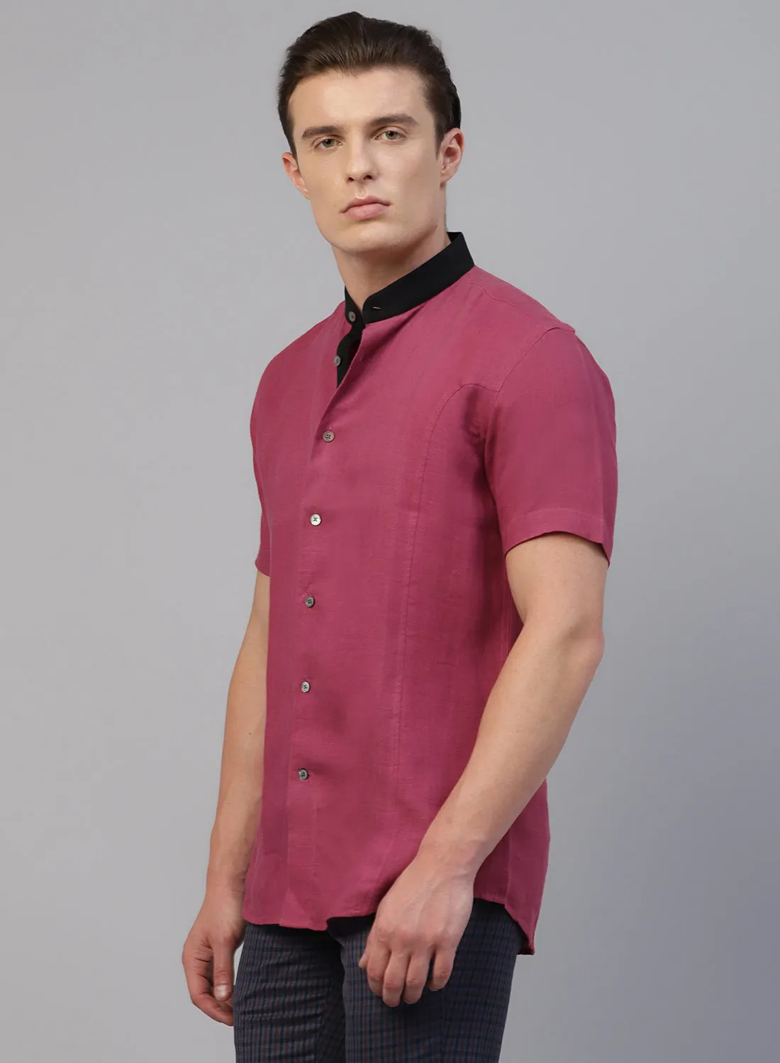 Red Linen Band Collar Half Sleeve Shirt