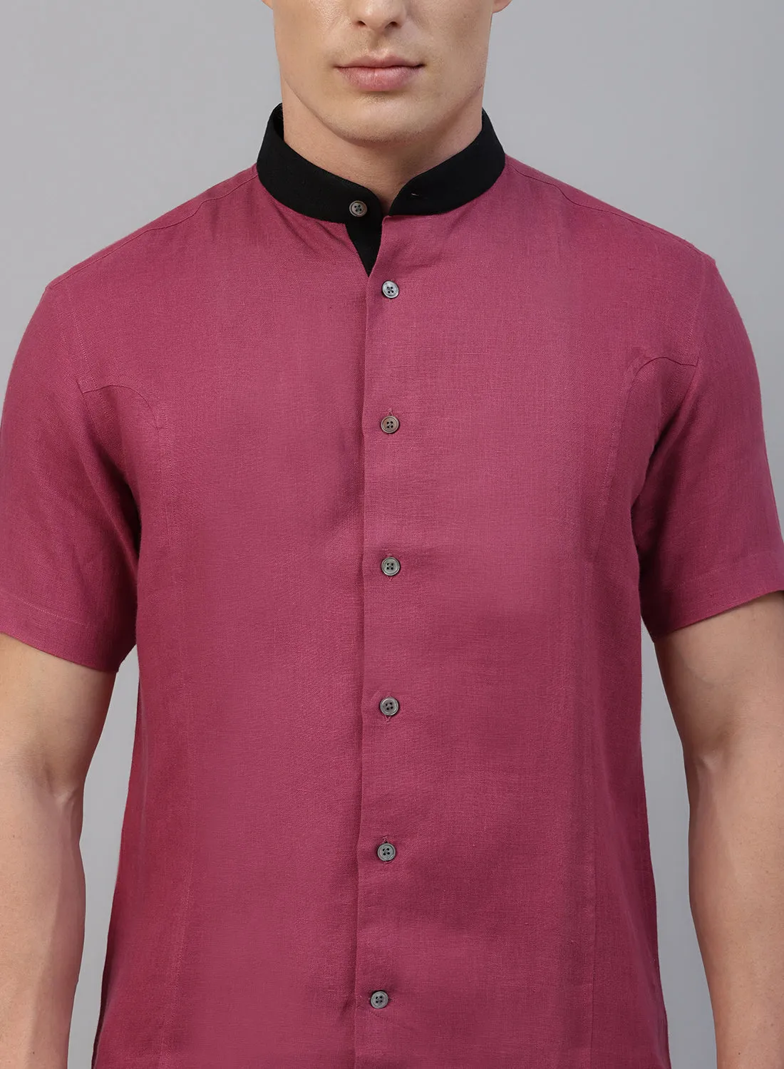 Red Linen Band Collar Half Sleeve Shirt