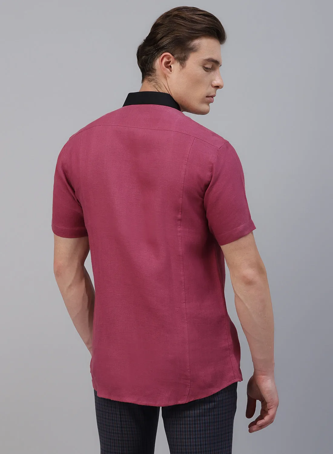 Red Linen Band Collar Half Sleeve Shirt