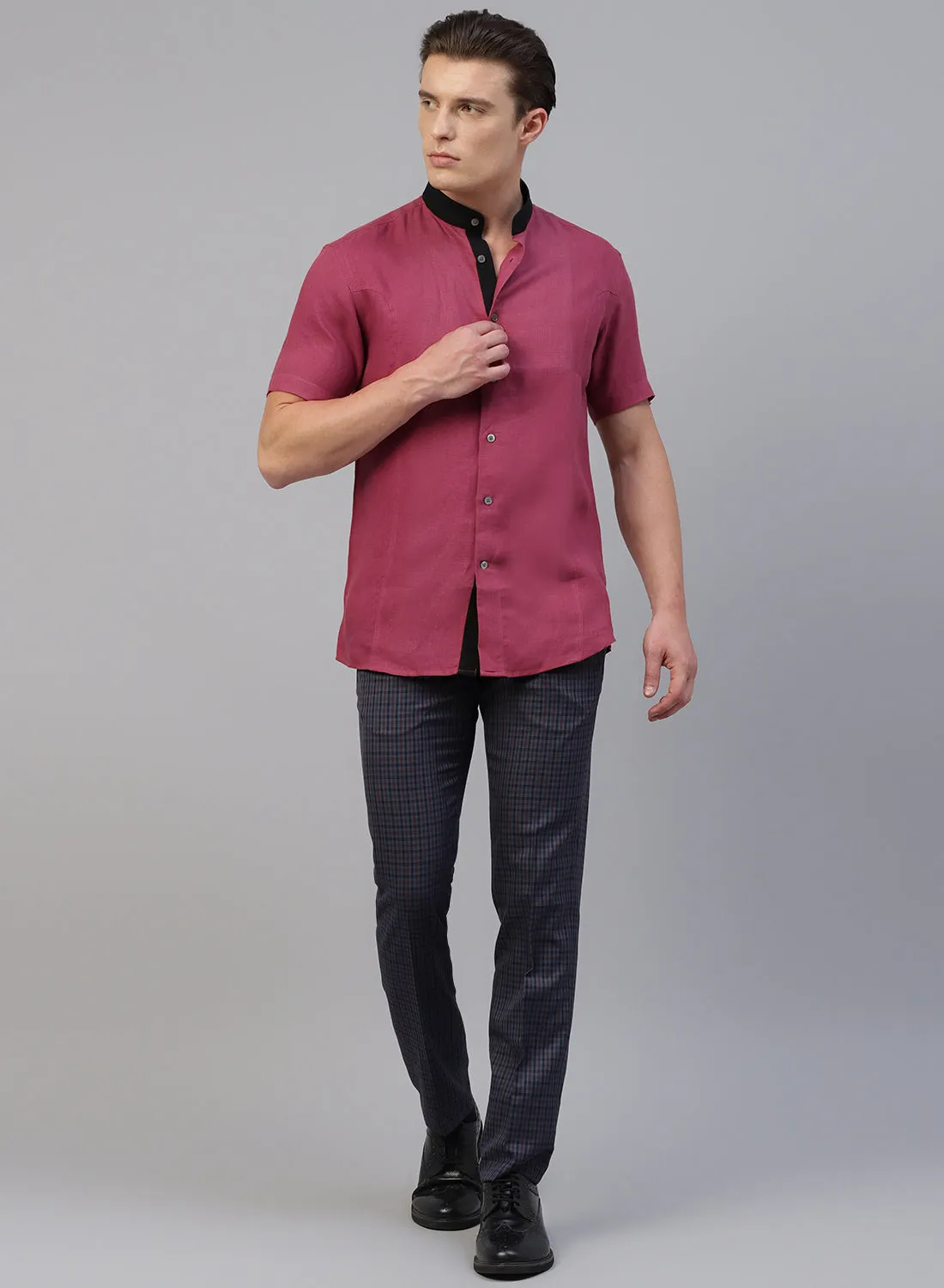 Red Linen Band Collar Half Sleeve Shirt