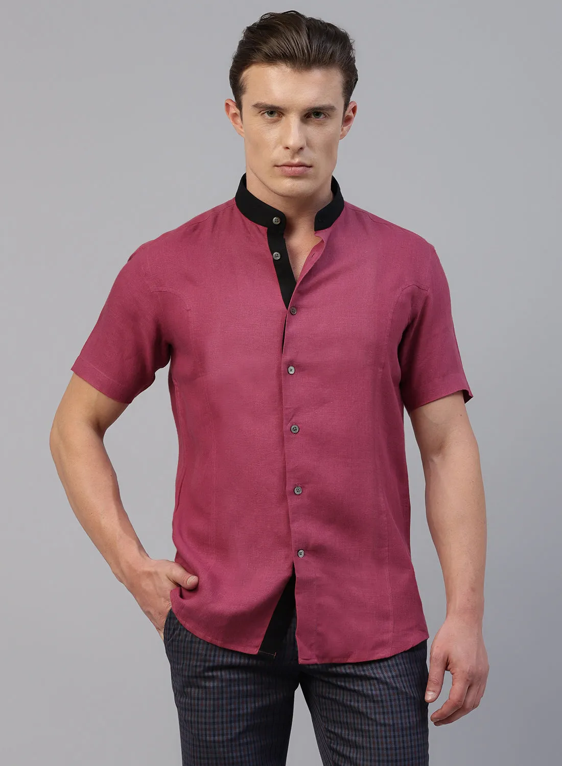 Red Linen Band Collar Half Sleeve Shirt