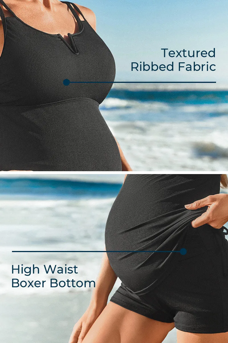 Ribbed Maternity Tankini Swimsuit with V-Wire Support