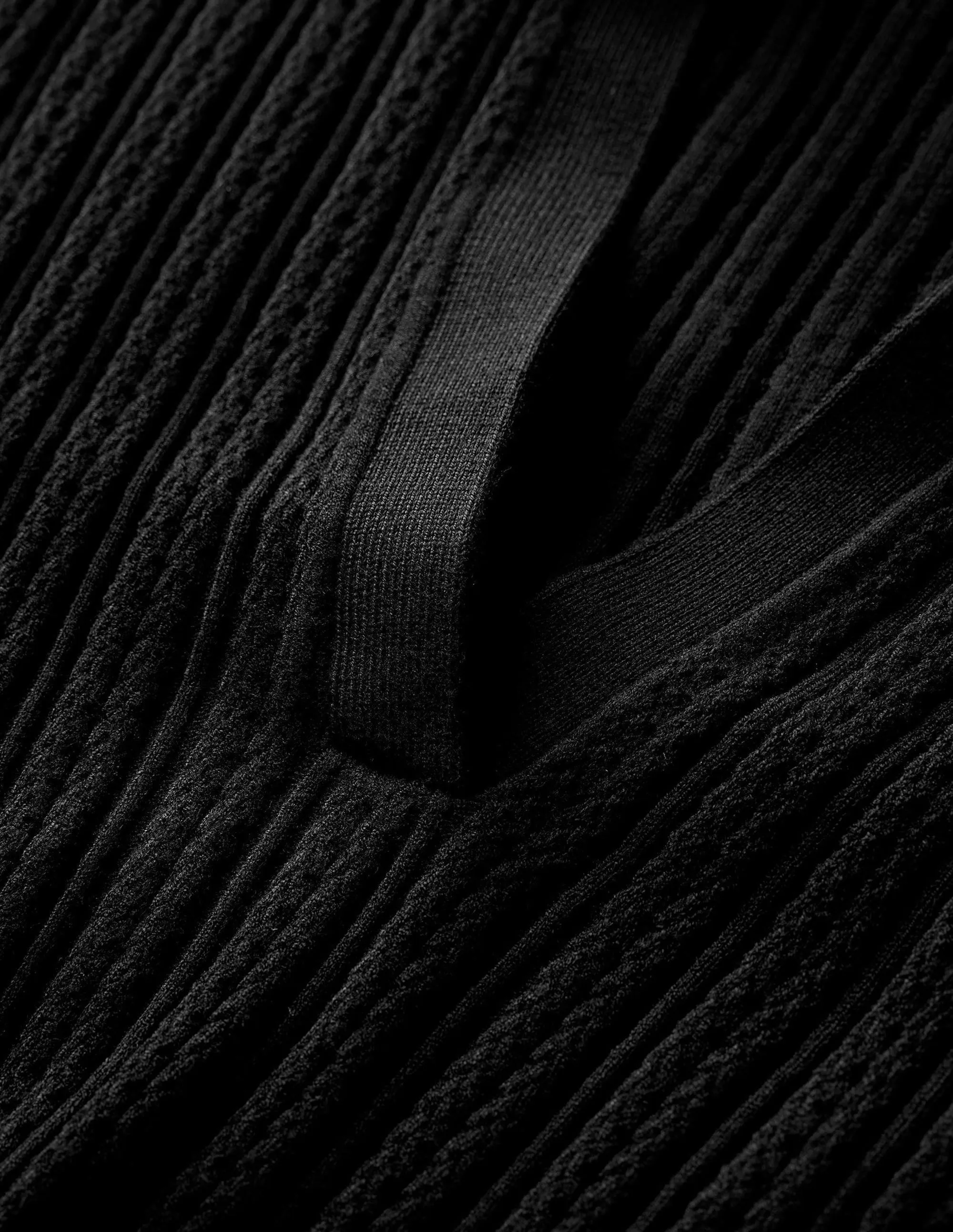 Ribbed Pointelle Collared Top-Black