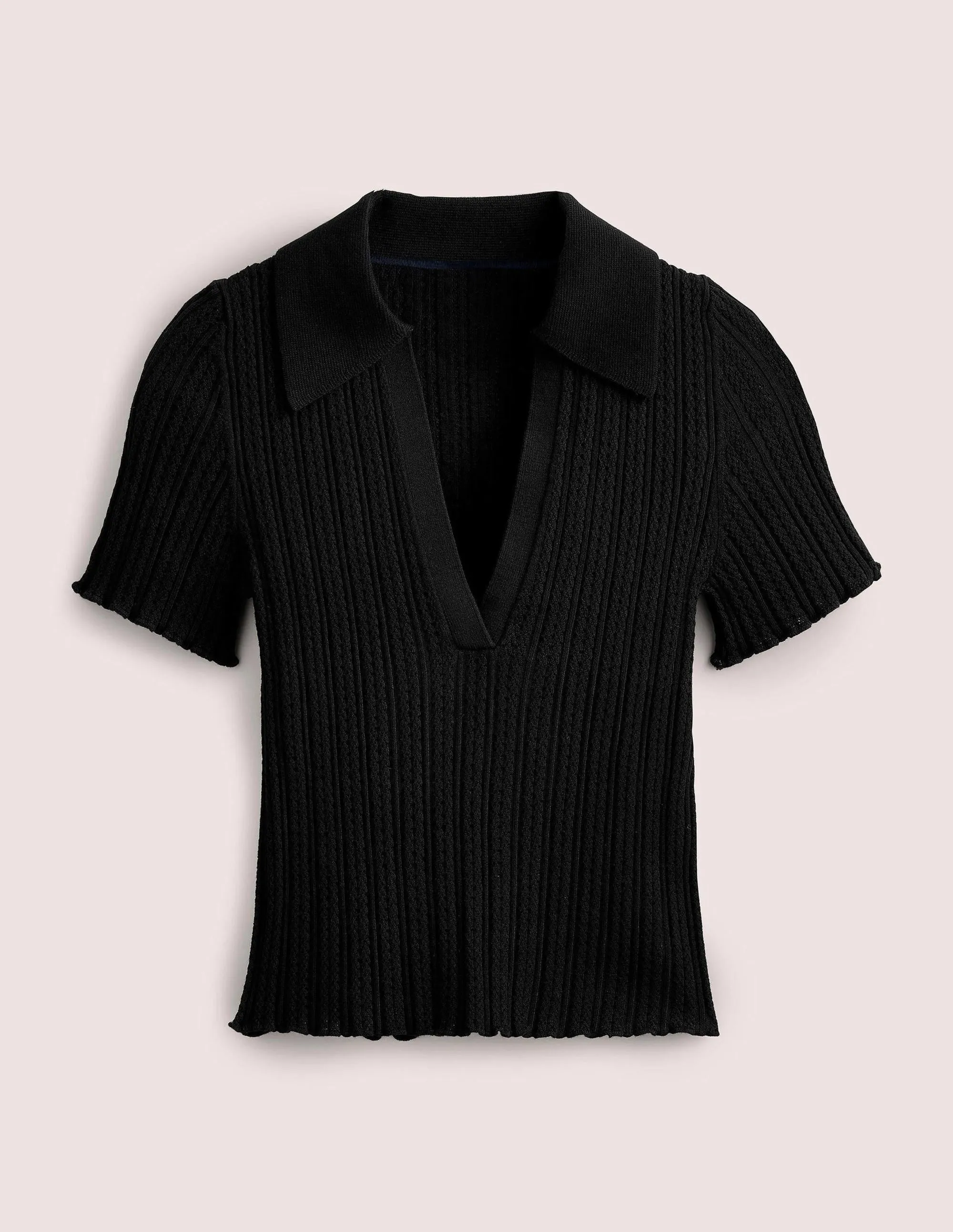Ribbed Pointelle Collared Top-Black