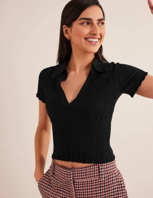 Ribbed Pointelle Collared Top-Black