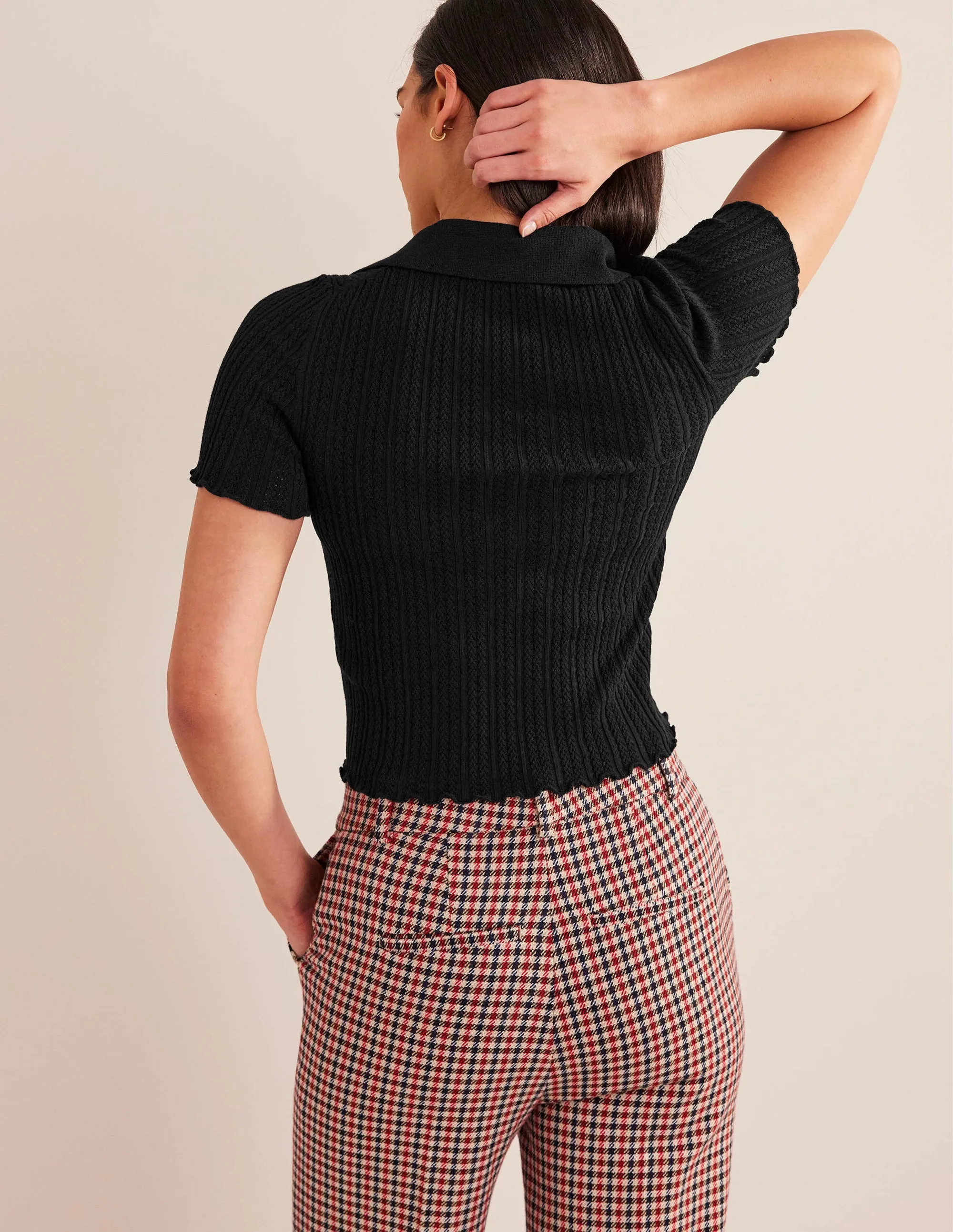 Ribbed Pointelle Collared Top-Black