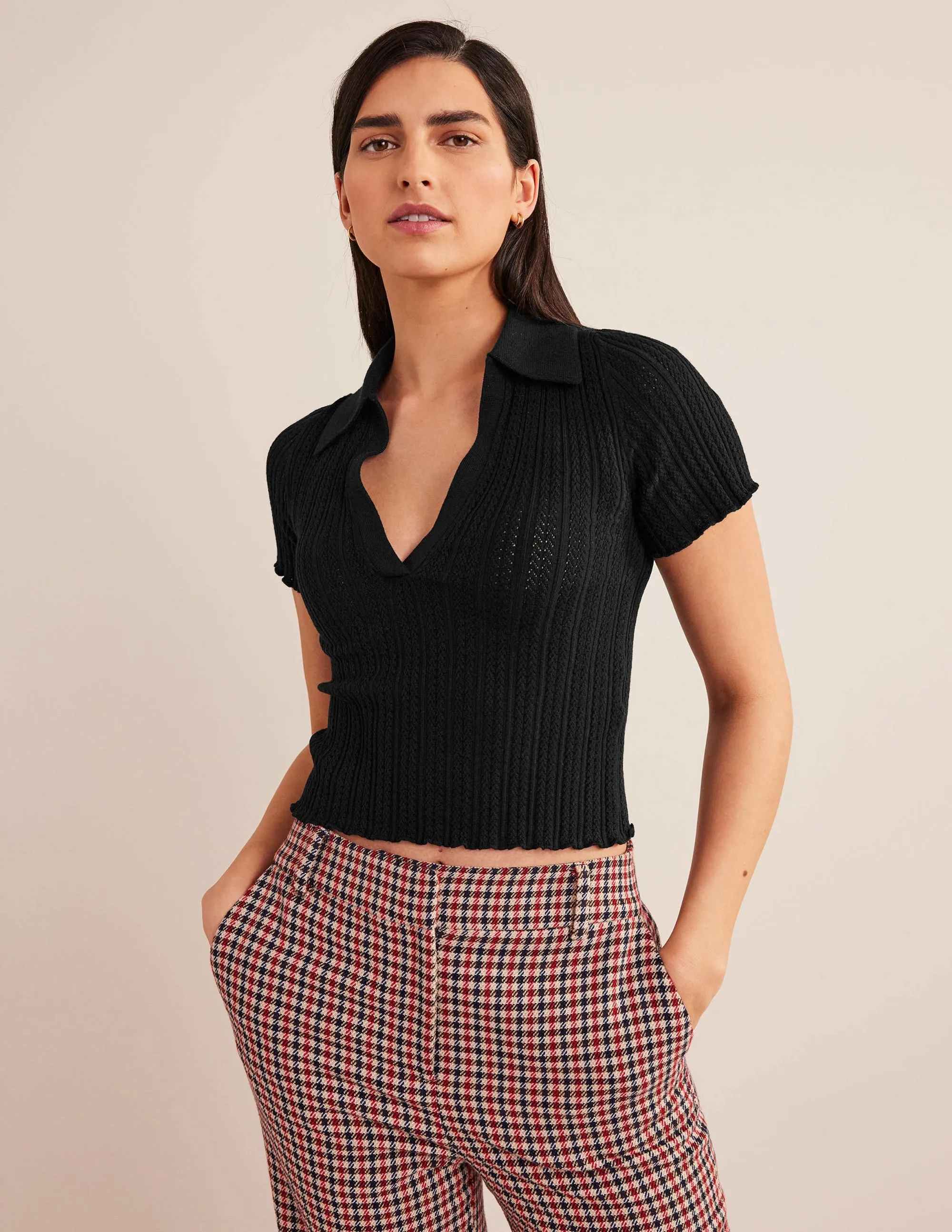 Ribbed Pointelle Collared Top-Black