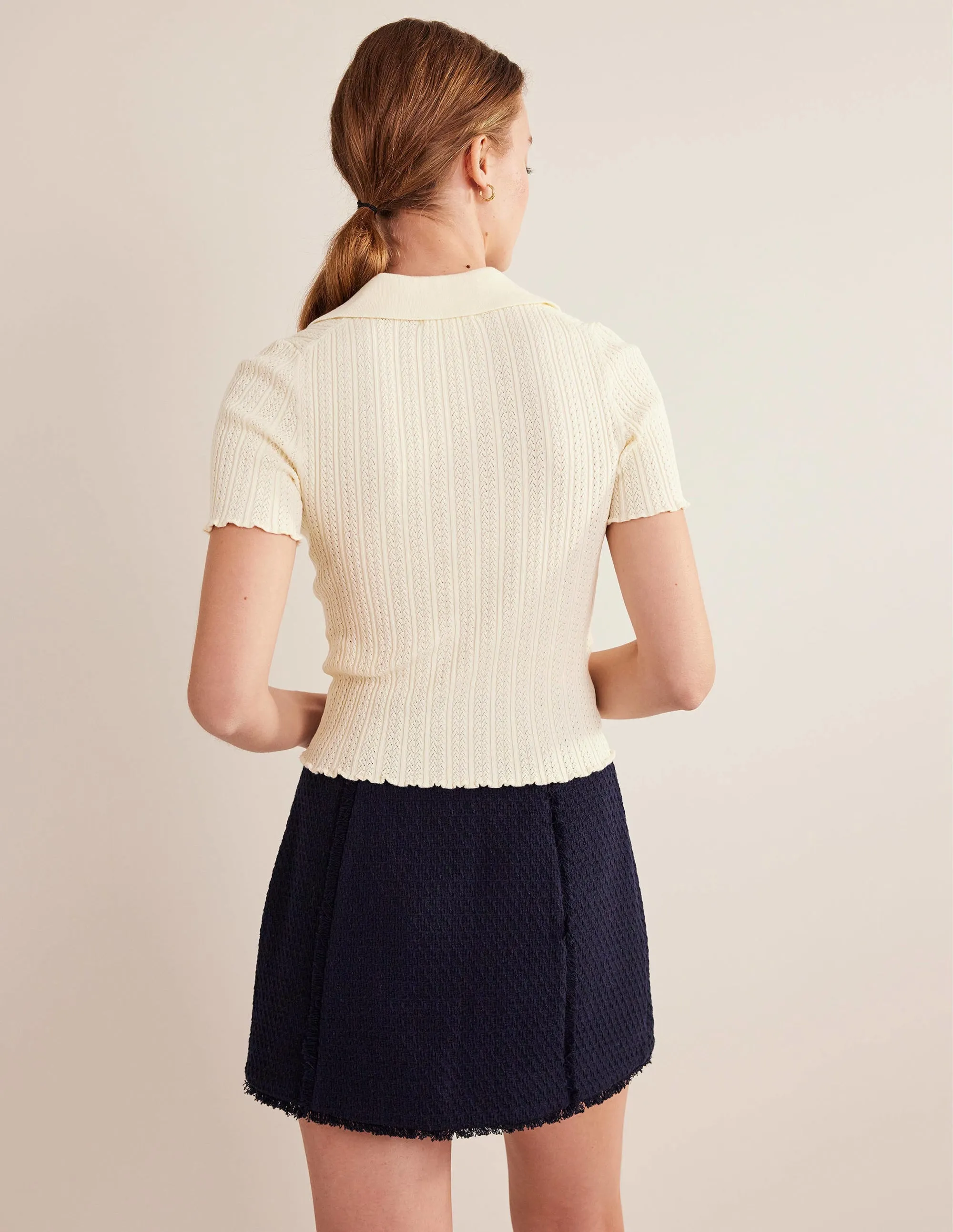 Ribbed Pointelle Collared Top-Warm Ivory
