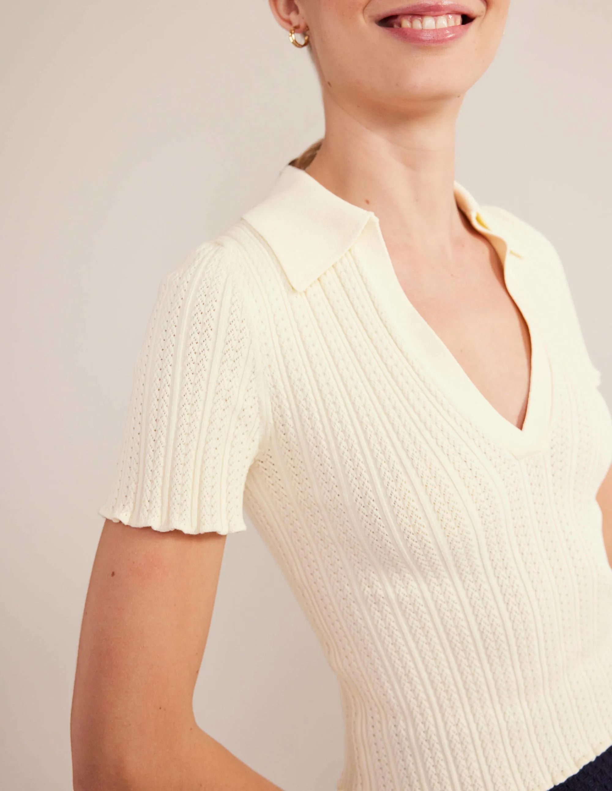 Ribbed Pointelle Collared Top-Warm Ivory