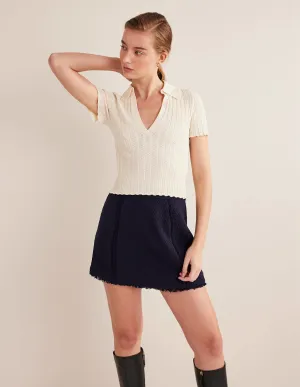 Ribbed Pointelle Collared Top-Warm Ivory