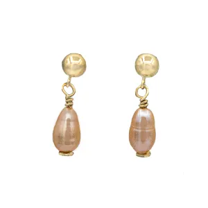 Rice Pearl Pinkish-Salmon on Gold Post Earrings