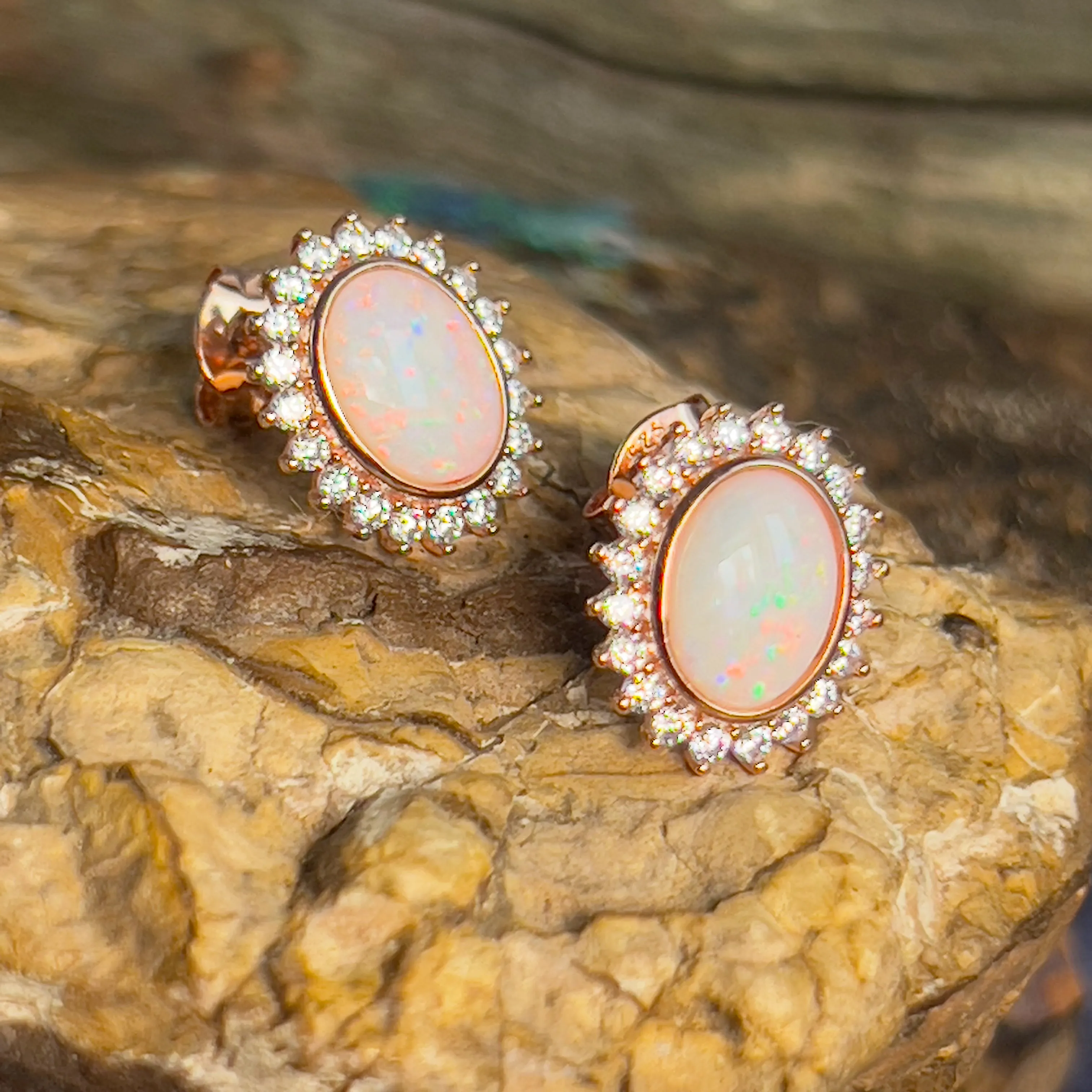 Rose Gold plated silver oval shape White Opal cluster earrings