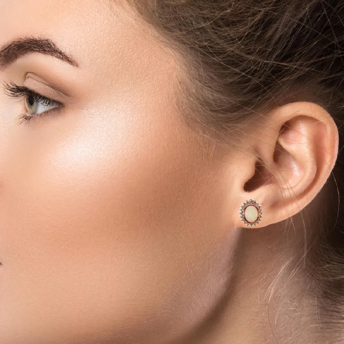 Rose Gold plated silver oval shape White Opal cluster earrings