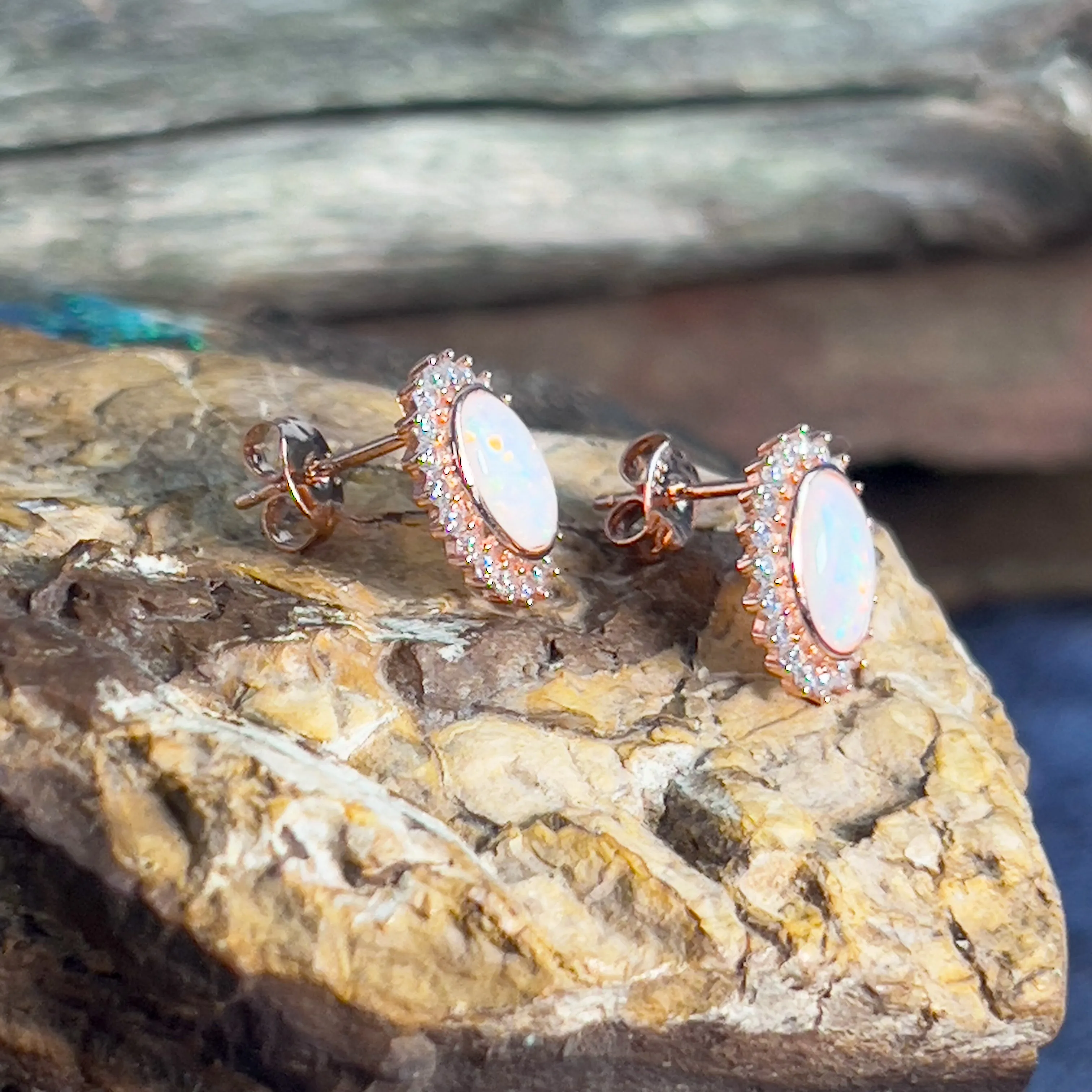 Rose Gold plated silver oval shape White Opal cluster earrings