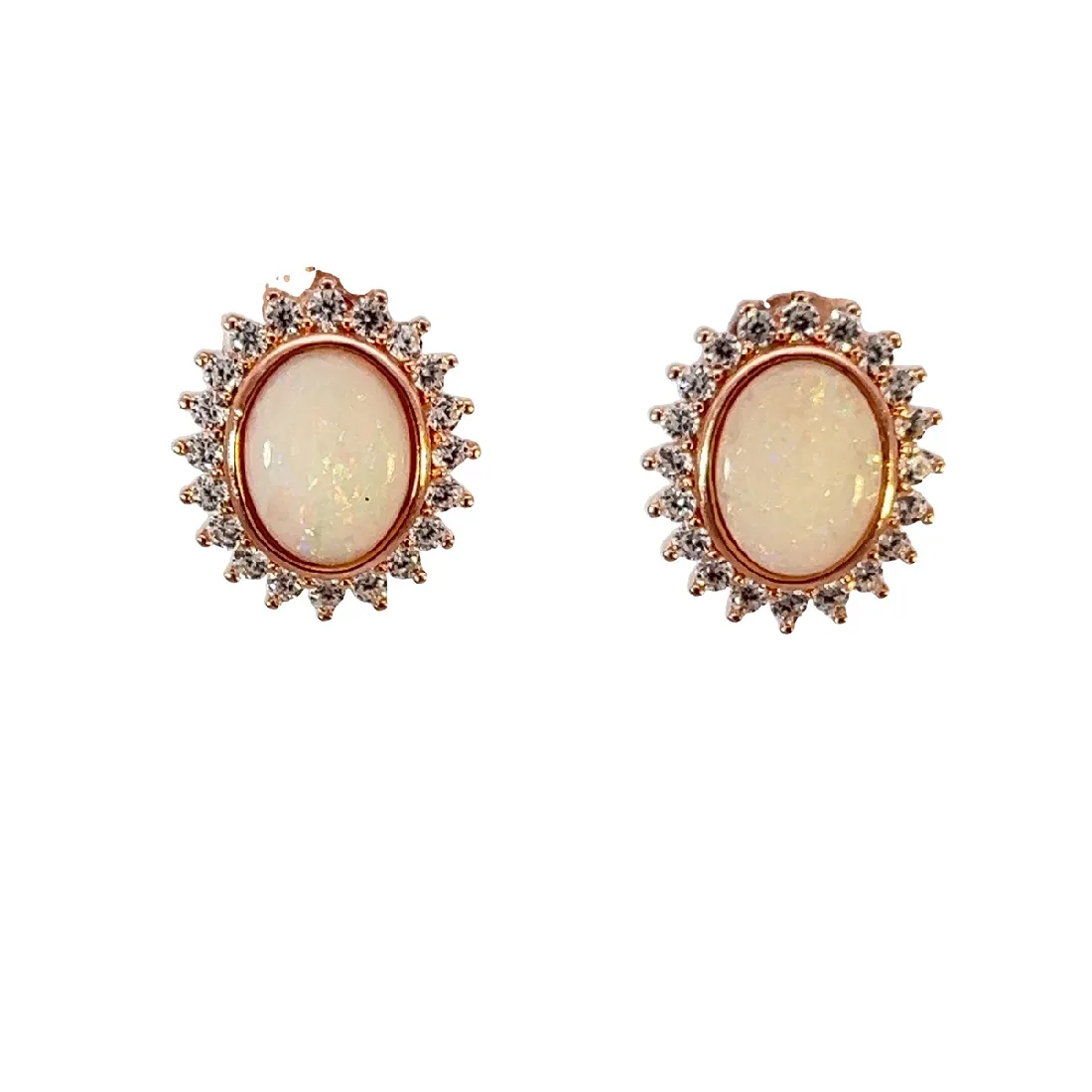 Rose Gold plated silver oval shape White Opal cluster earrings