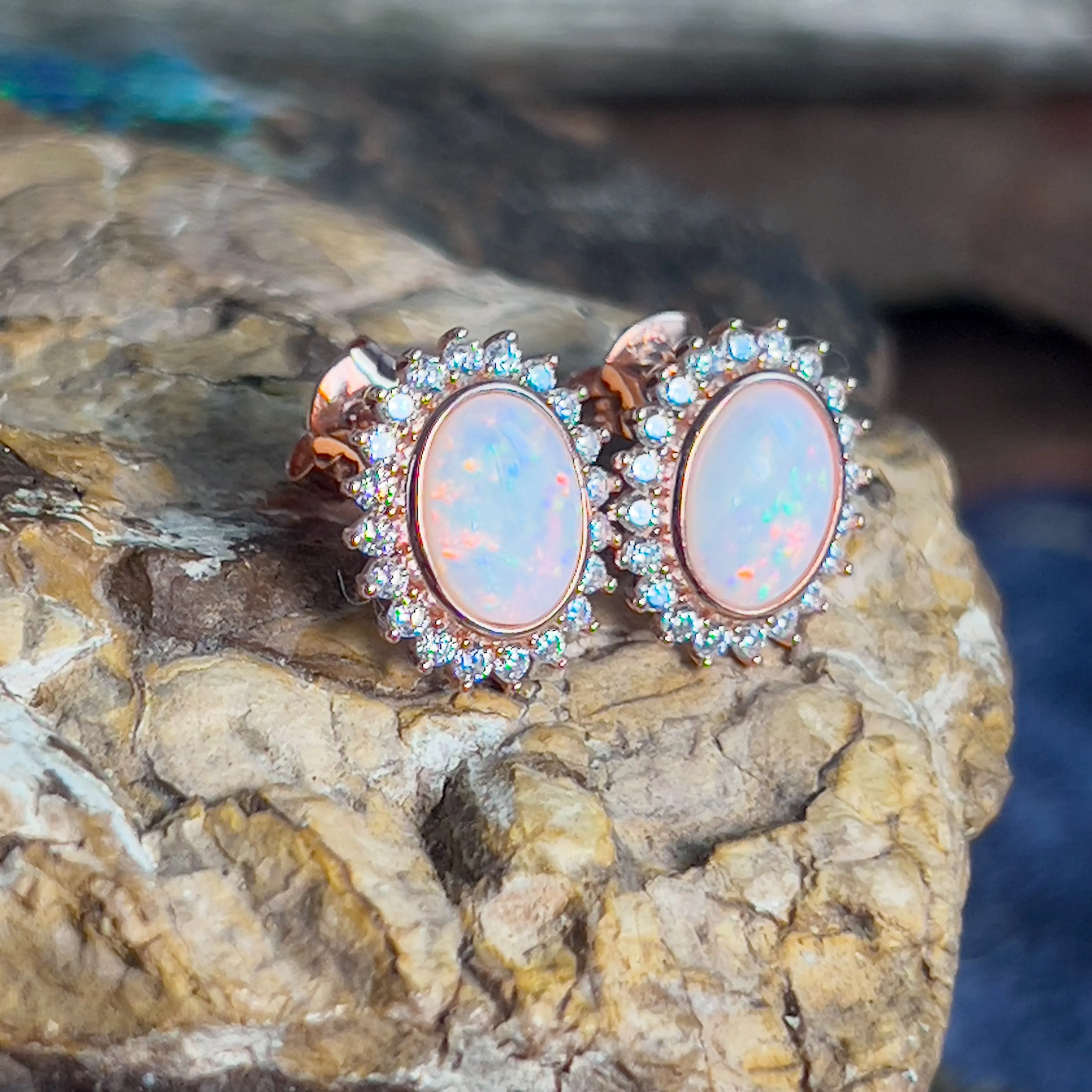 Rose Gold plated silver oval shape White Opal cluster earrings
