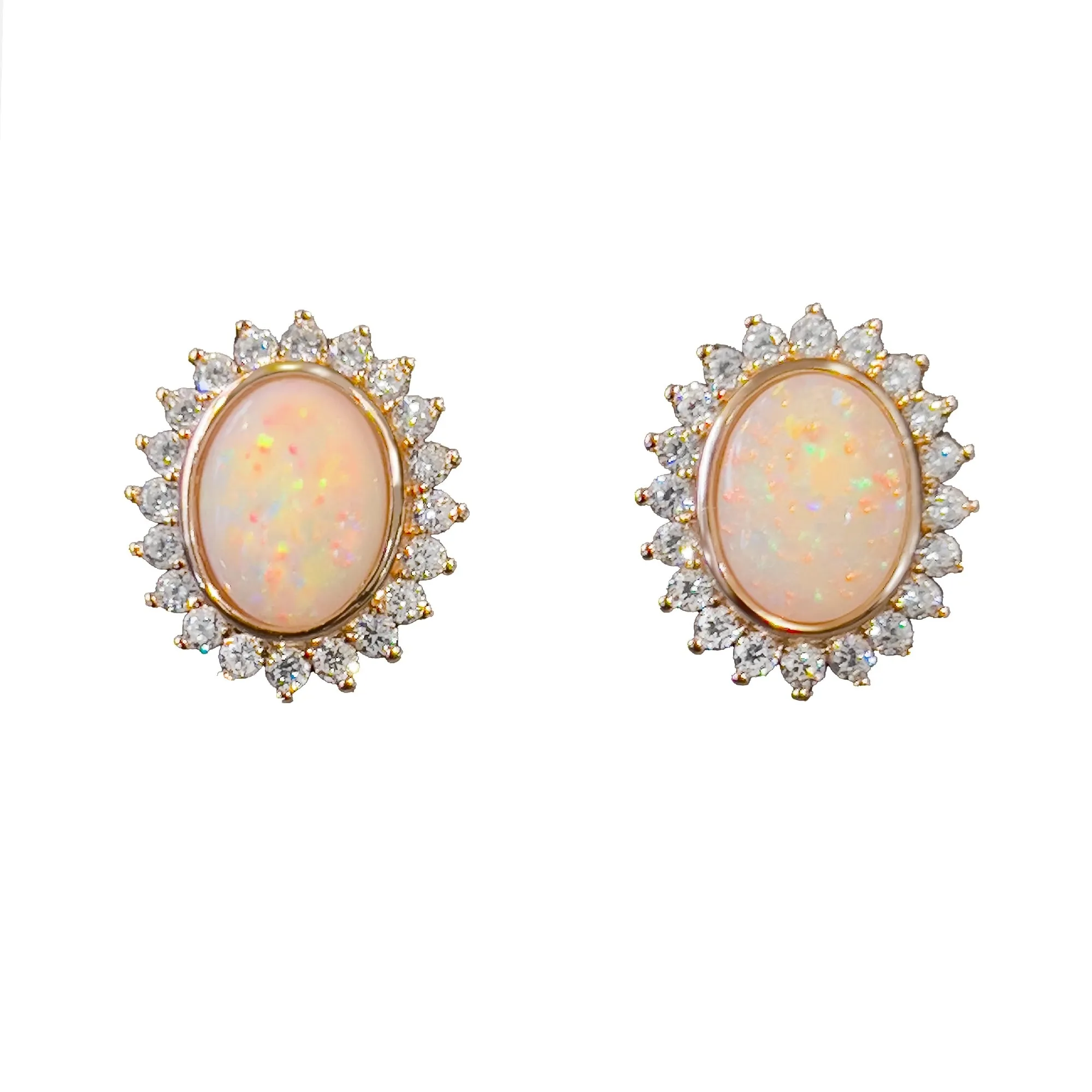 Rose Gold plated silver oval shape White Opal cluster earrings