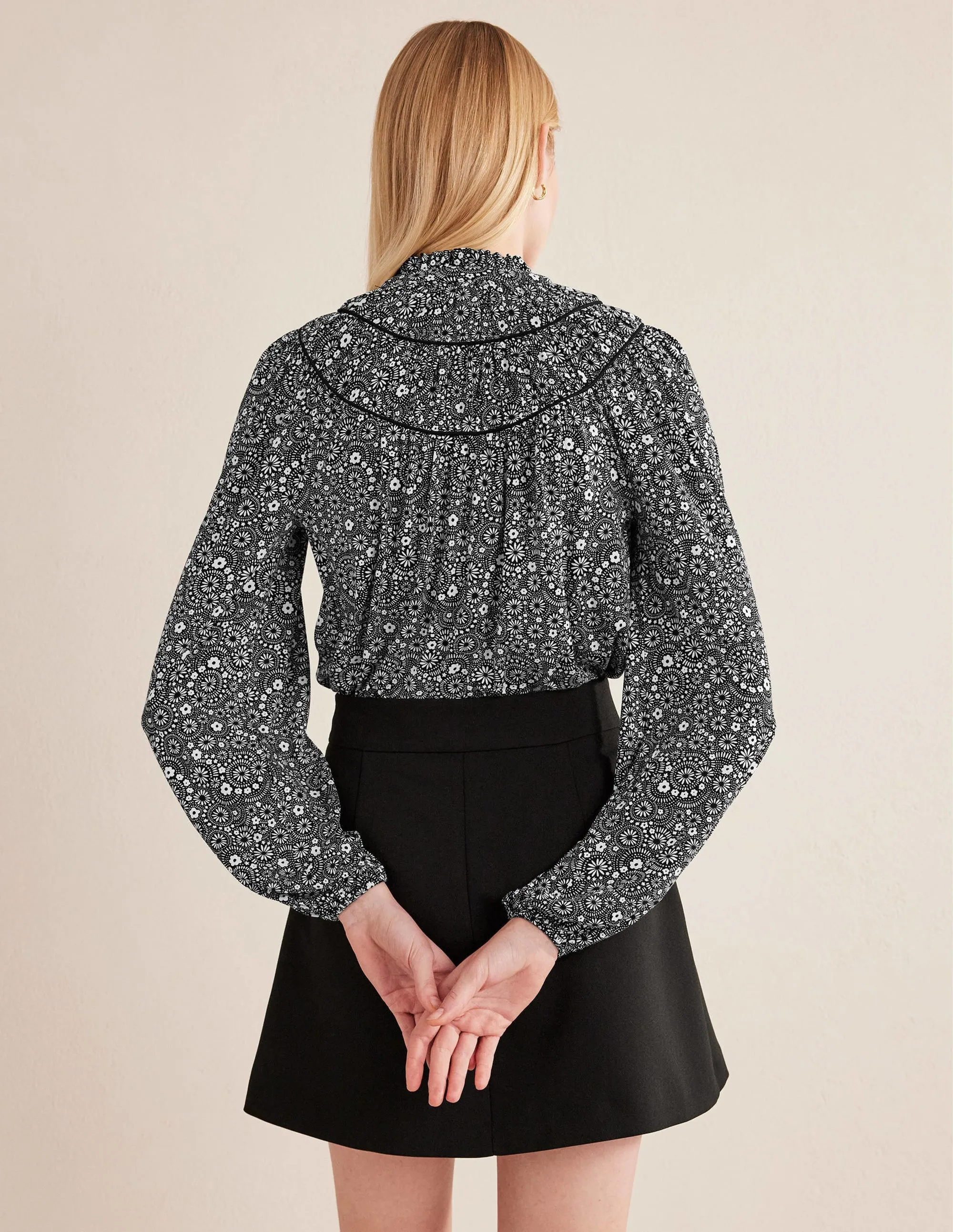 Ruched Yoke Jersey Shirt-Black, Dotty Daisy