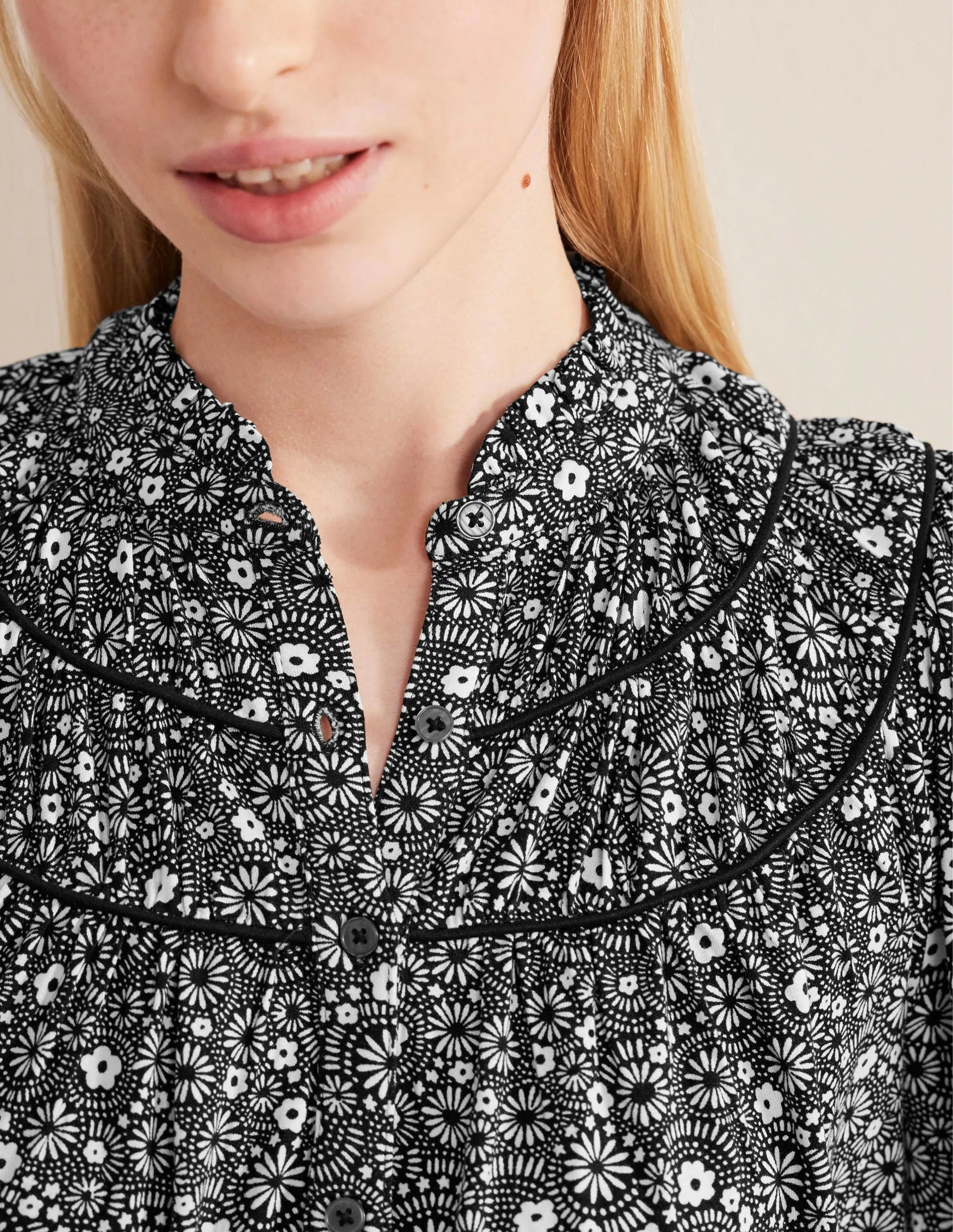 Ruched Yoke Jersey Shirt-Black, Dotty Daisy