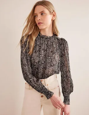 Ruffle Detail Swing Top-Black, Paisley Terrace