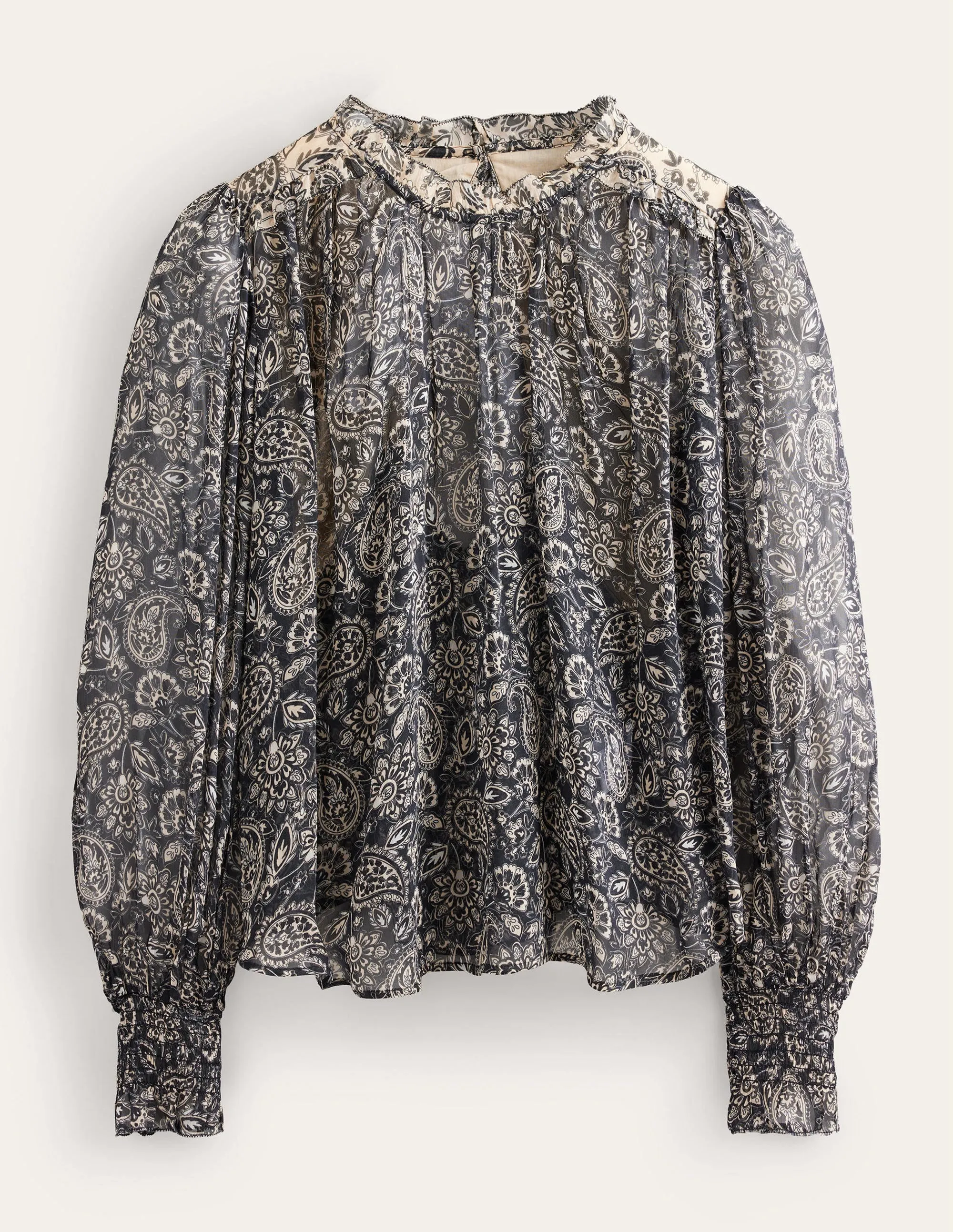 Ruffle Detail Swing Top-Black, Paisley Terrace