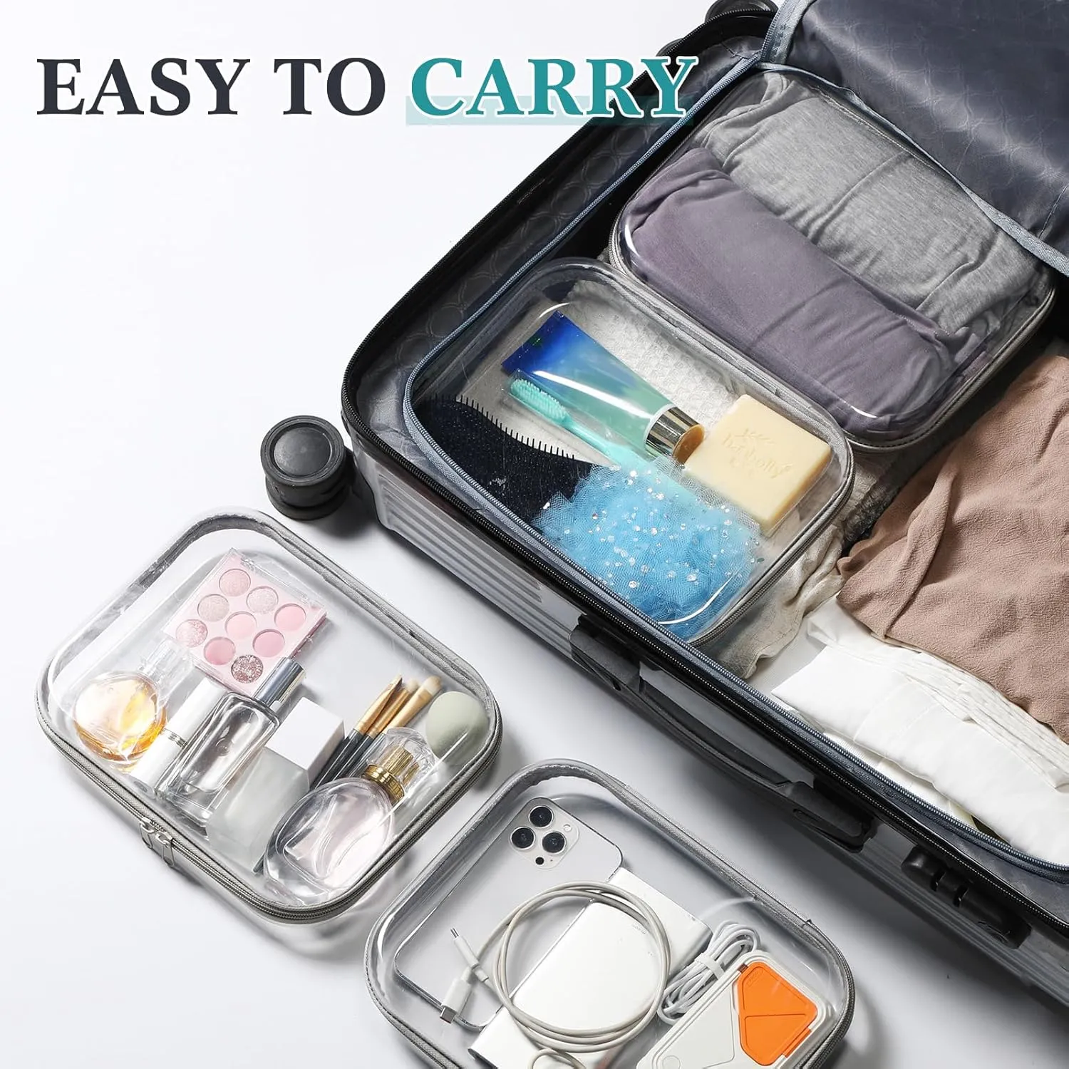 Sanwuta 6 Pcs Clear Hard Zipper Case Hard Plastic Zipper Pouches Makeup Bag Transparent Cases for Snacks Plastic Storage Organizer Portable Box for Travel