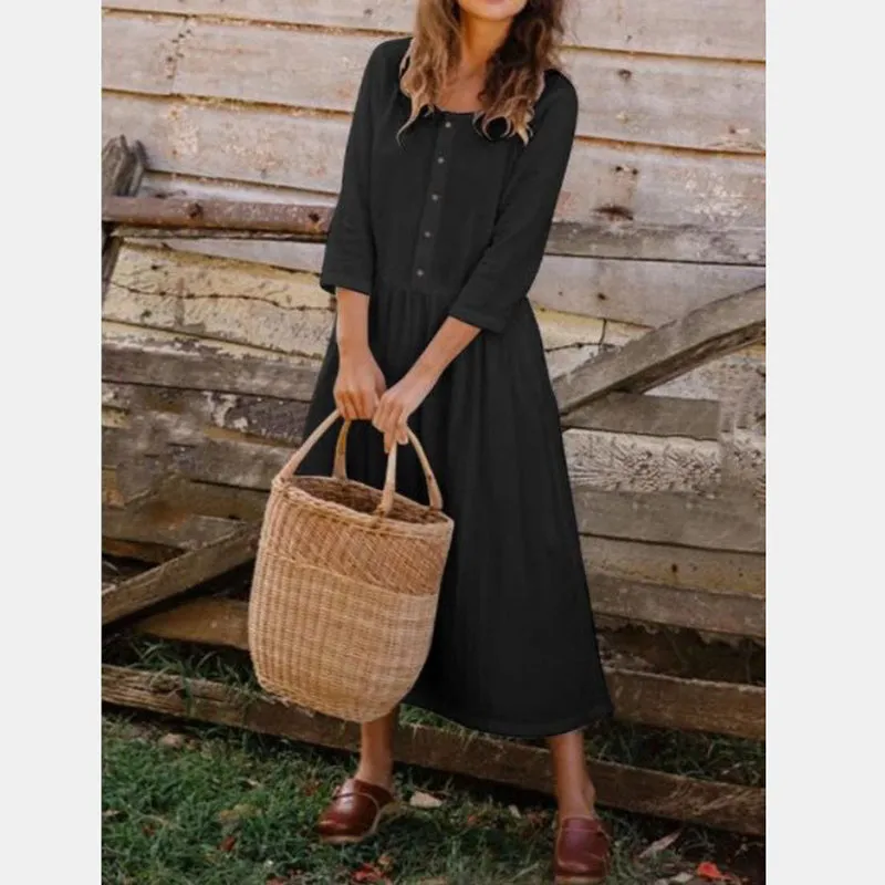 Sarah Cotton Linen Single-breasted Solid Dress