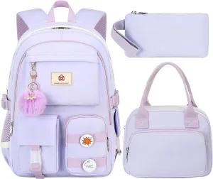 School Backpack for Teen Girls Women College Laptop Backpacks Girl Cute Bookbag Set with Lunch Box Pencil Case Kids Elementary Middle High Bag 3 Pcs Students Bookbags Set Travel Daypack-Purple