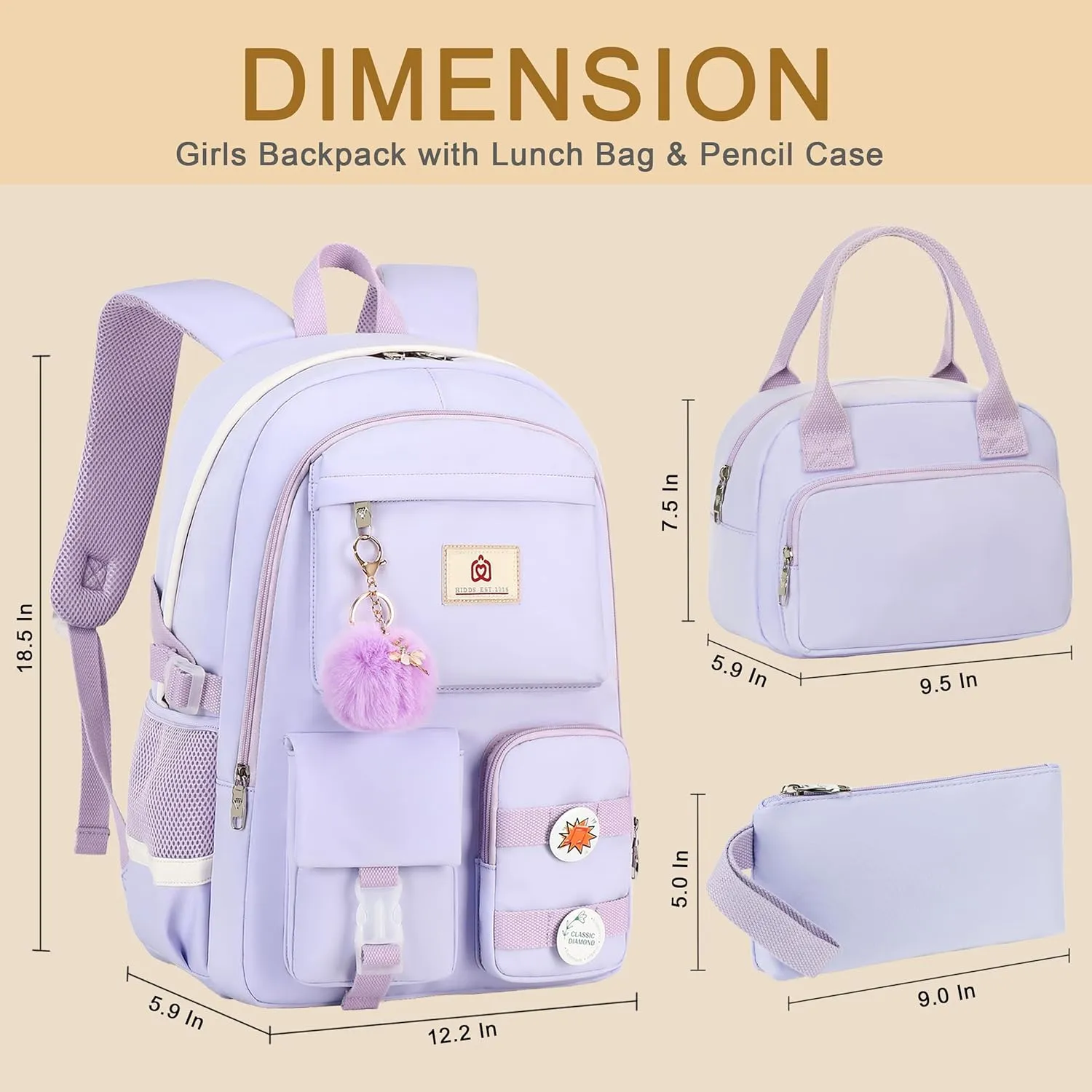 School Backpack for Teen Girls Women College Laptop Backpacks Girl Cute Bookbag Set with Lunch Box Pencil Case Kids Elementary Middle High Bag 3 Pcs Students Bookbags Set Travel Daypack-Purple