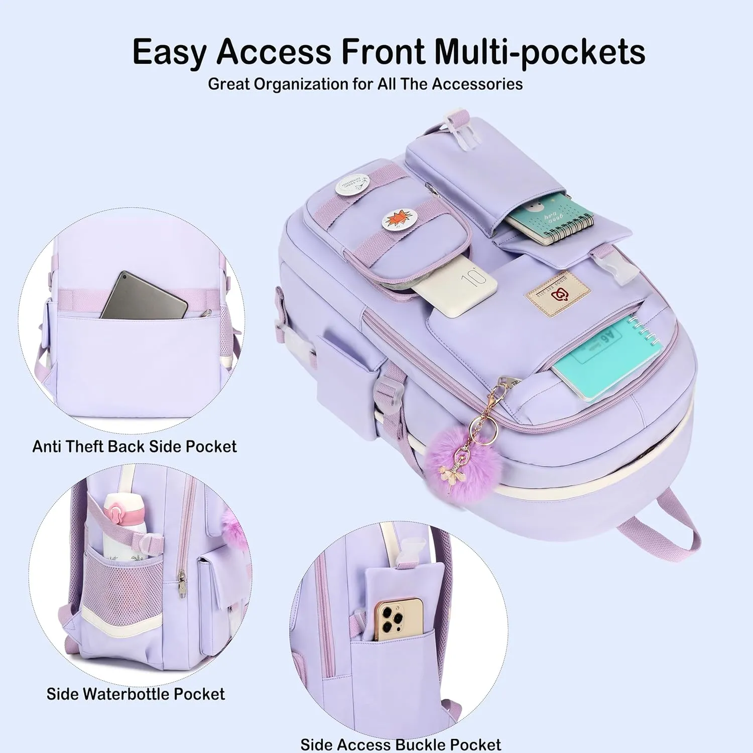 School Backpack for Teen Girls Women College Laptop Backpacks Girl Cute Bookbag Set with Lunch Box Pencil Case Kids Elementary Middle High Bag 3 Pcs Students Bookbags Set Travel Daypack-Purple