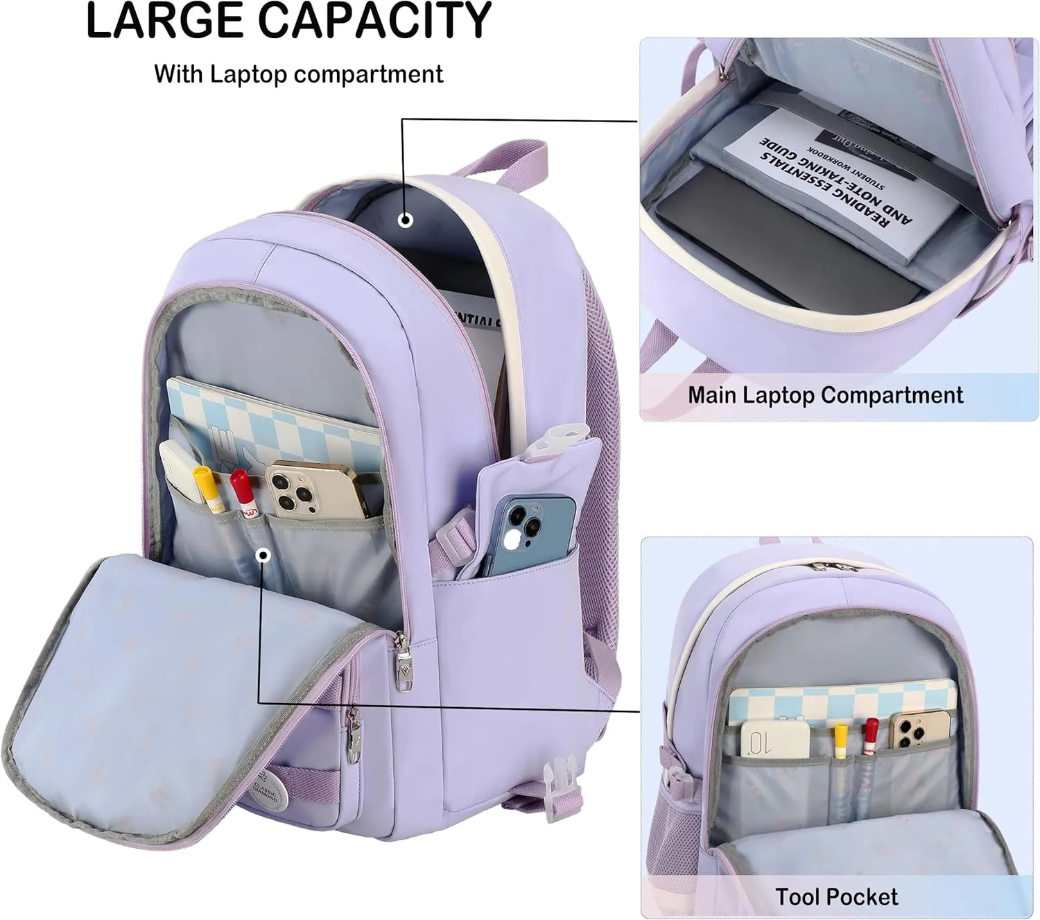 School Backpack for Teen Girls Women College Laptop Backpacks Girl Cute Bookbag Set with Lunch Box Pencil Case Kids Elementary Middle High Bag 3 Pcs Students Bookbags Set Travel Daypack-Purple