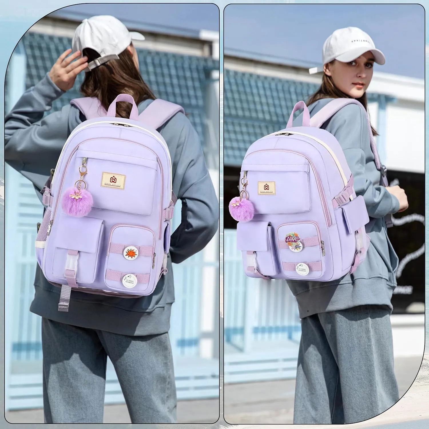 School Backpack for Teen Girls Women College Laptop Backpacks Girl Cute Bookbag Set with Lunch Box Pencil Case Kids Elementary Middle High Bag 3 Pcs Students Bookbags Set Travel Daypack-Purple