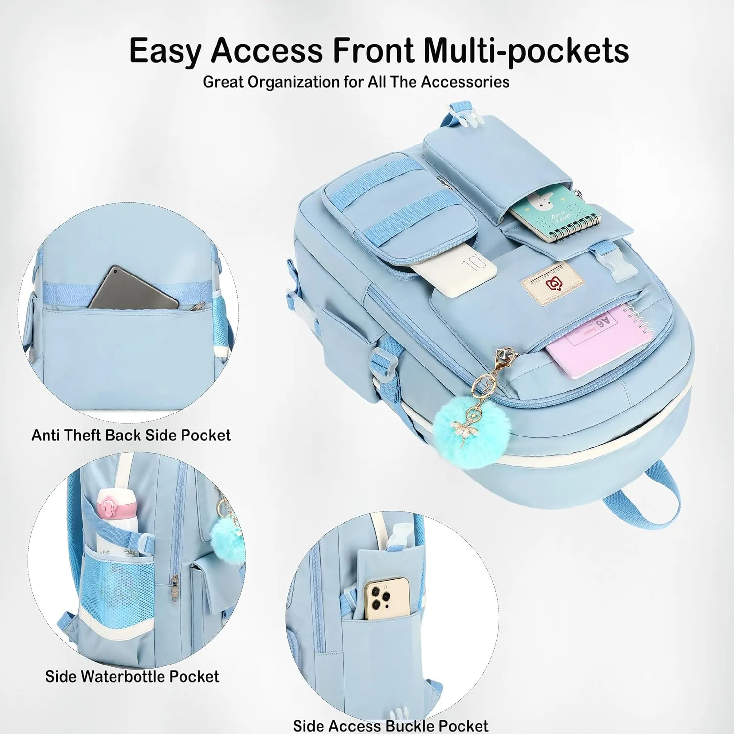 School Backpack for Teen Girls Women College Laptop Backpacks Kids Cute Bookbag Set with Lunch Box Pencil Case Elementary Middle High Campus Bag 3 Pcs Students Bookbags Sets Travel Daypack-Blue