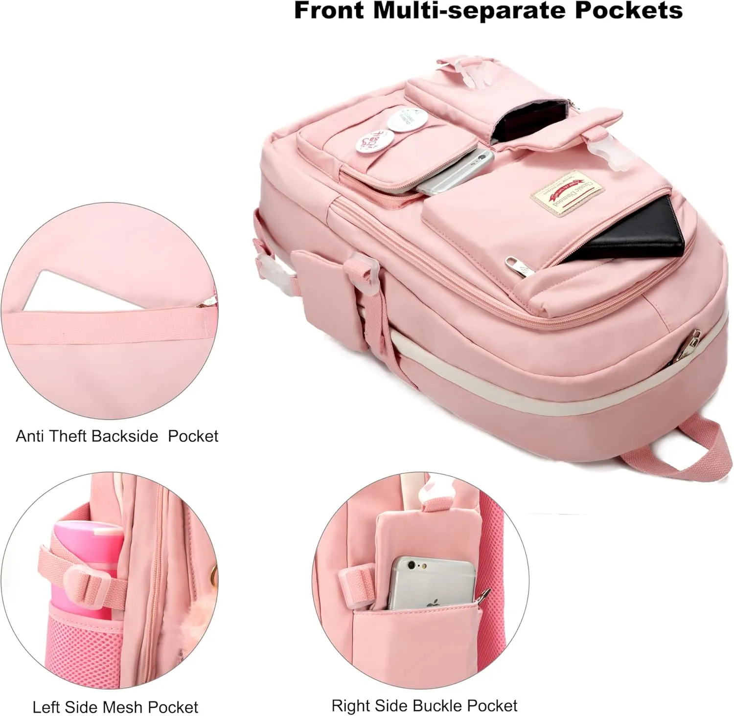 School Backpack for Teen Girls Women College Laptop Backpacks Kids Cute Bookbag Set with Lunch Box Pencil Case Elementary Middle High Campus Bag 3 Pcs Students Bookbags Sets Travel Daypack-Pink