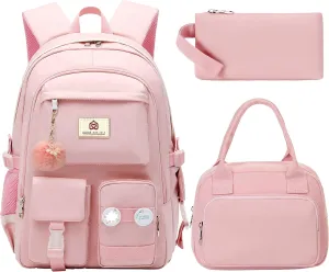 School Backpack for Teen Girls Women College Laptop Backpacks Kids Cute Bookbag Set with Lunch Box Pencil Case Elementary Middle High Campus Bag 3 Pcs Students Bookbags Sets Travel Daypack-Pink