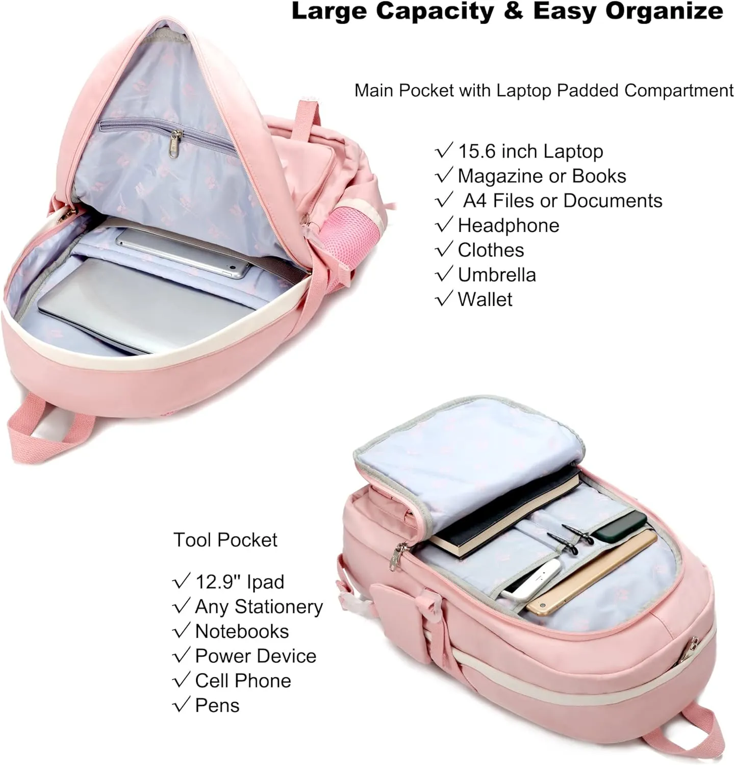 School Backpack for Teen Girls Women College Laptop Backpacks Kids Cute Bookbag Set with Lunch Box Pencil Case Elementary Middle High Campus Bag 3 Pcs Students Bookbags Sets Travel Daypack-Pink