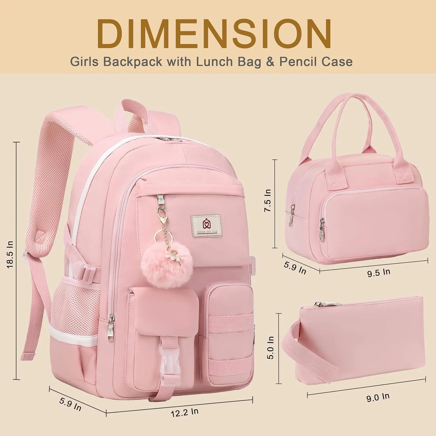 School Backpack for Teen Girls Women College Laptop Backpacks Kids Cute Bookbag Set with Lunch Box Pencil Case Elementary Middle High Campus Bag 3 Pcs Students Bookbags Sets Travel Daypack-Pink