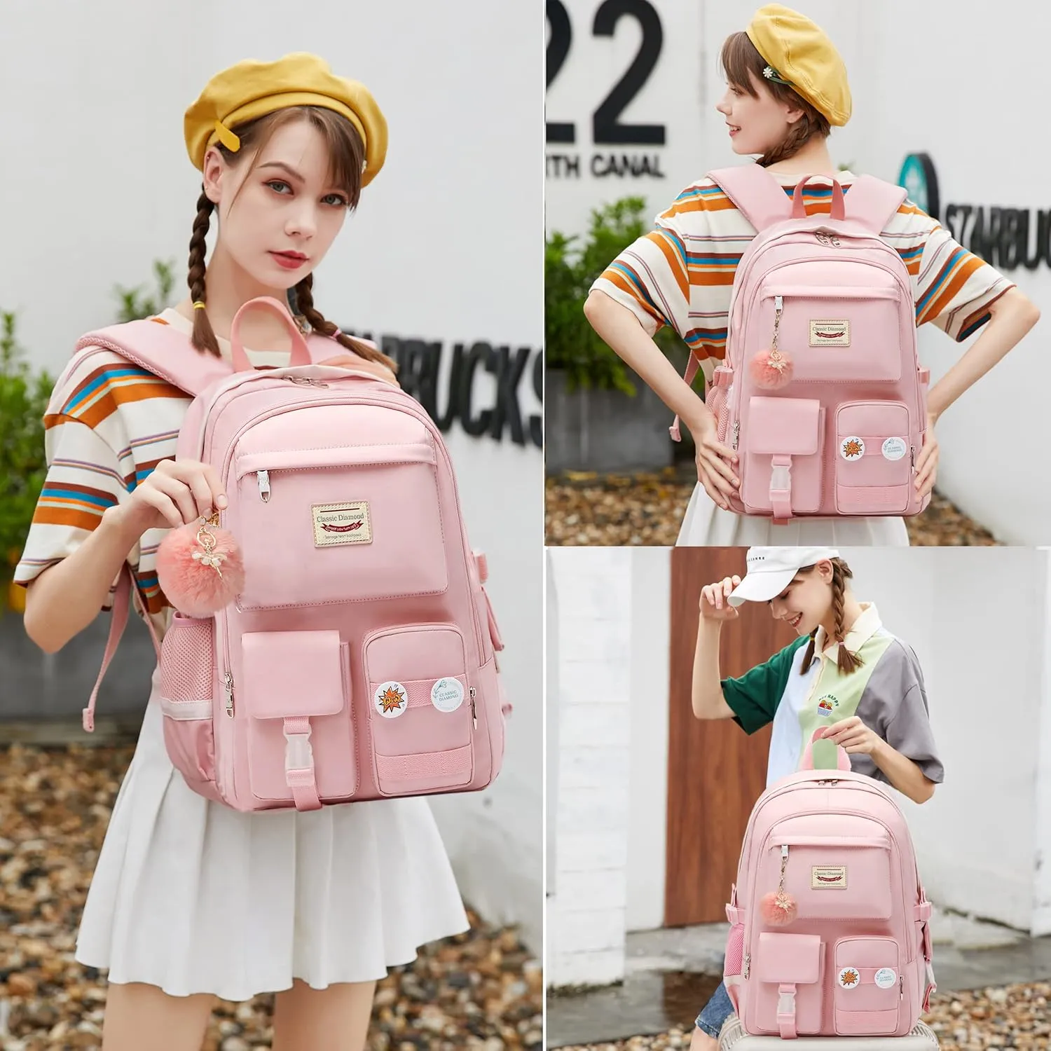 School Backpack for Teen Girls Women College Laptop Backpacks Kids Cute Bookbag Set with Lunch Box Pencil Case Elementary Middle High Campus Bag 3 Pcs Students Bookbags Sets Travel Daypack-Pink
