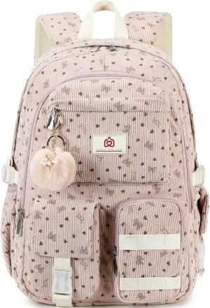 School Backpack for Teens Girls Women 15.6 Inch Laptop College Backpacks Corduroy Work Bag Kids Elementary Middle High Bookbag Students Back Pack Anti Theft Travel Daypack Womens - Pink Bowknot