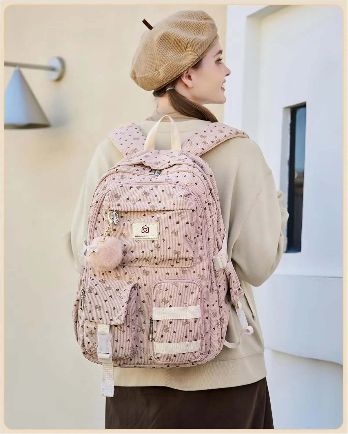 School Backpack for Teens Girls Women 15.6 Inch Laptop College Backpacks Corduroy Work Bag Kids Elementary Middle High Bookbag Students Back Pack Anti Theft Travel Daypack Womens - Pink Bowknot