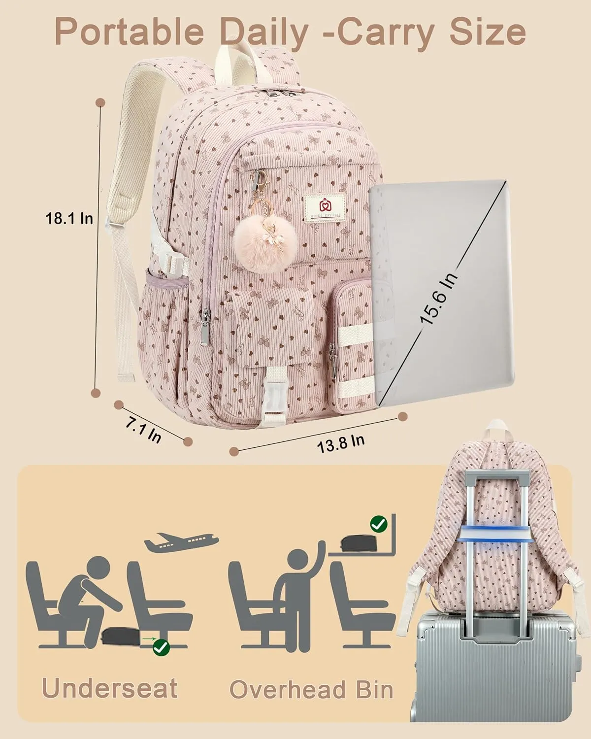 School Backpack for Teens Girls Women 15.6 Inch Laptop College Backpacks Corduroy Work Bag Kids Elementary Middle High Bookbag Students Back Pack Anti Theft Travel Daypack Womens - Pink Bowknot