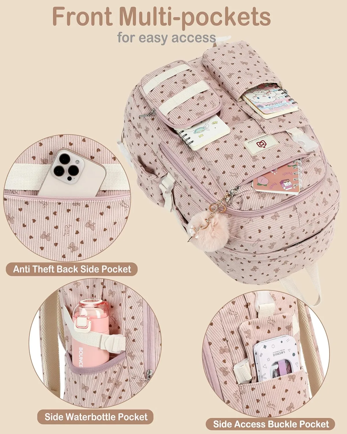 School Backpack for Teens Girls Women 15.6 Inch Laptop College Backpacks Corduroy Work Bag Kids Elementary Middle High Bookbag Students Back Pack Anti Theft Travel Daypack Womens - Pink Bowknot