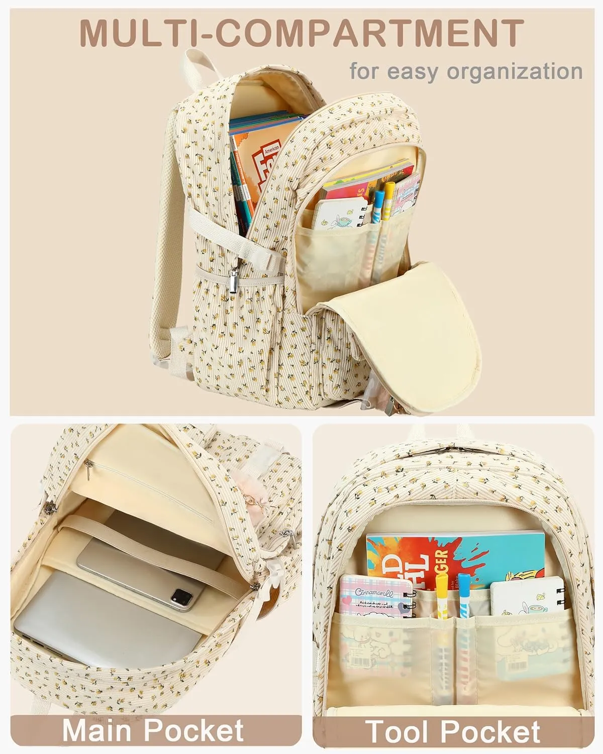 School Backpack for Teens Girls Women 15.6 Inch Laptop College Backpacks Corduroy Work Bag Kids Elementary Middle High Campus Bookbag Students Anti Theft Travel Daypack Womens - Beige Floral