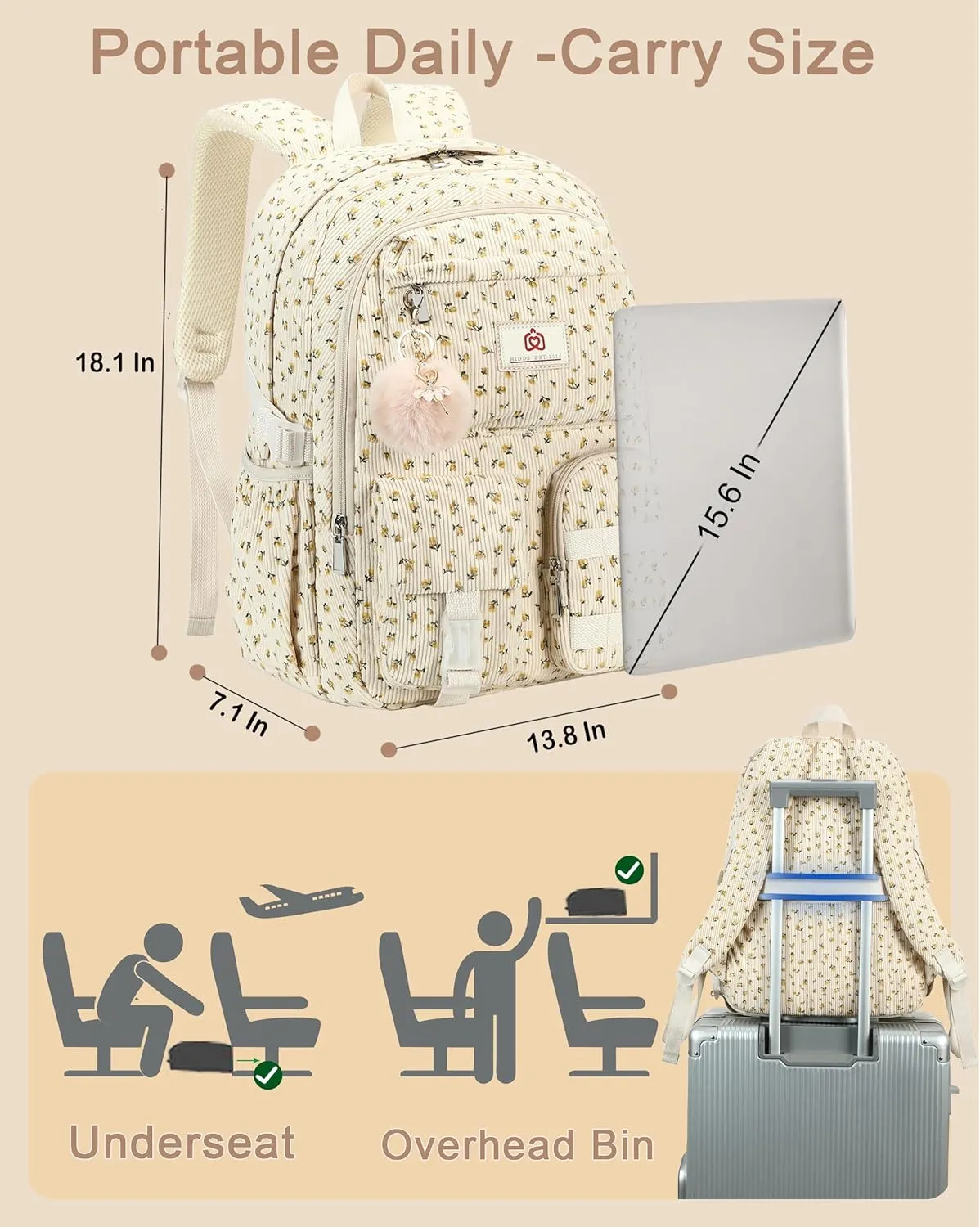 School Backpack for Teens Girls Women 15.6 Inch Laptop College Backpacks Corduroy Work Bag Kids Elementary Middle High Campus Bookbag Students Anti Theft Travel Daypack Womens - Beige Floral