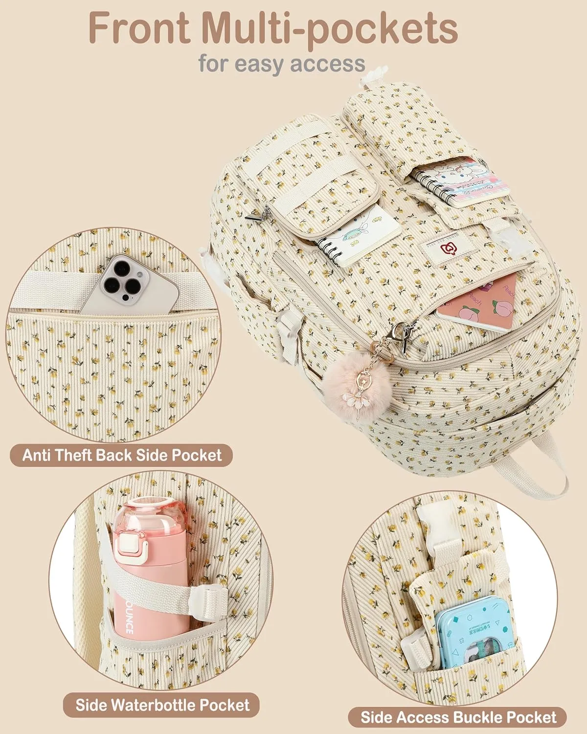 School Backpack for Teens Girls Women 15.6 Inch Laptop College Backpacks Corduroy Work Bag Kids Elementary Middle High Campus Bookbag Students Anti Theft Travel Daypack Womens - Beige Floral