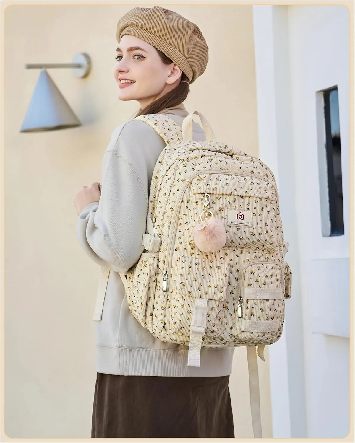 School Backpack for Teens Girls Women 15.6 Inch Laptop College Backpacks Corduroy Work Bag Kids Elementary Middle High Campus Bookbag Students Anti Theft Travel Daypack Womens - Beige Floral