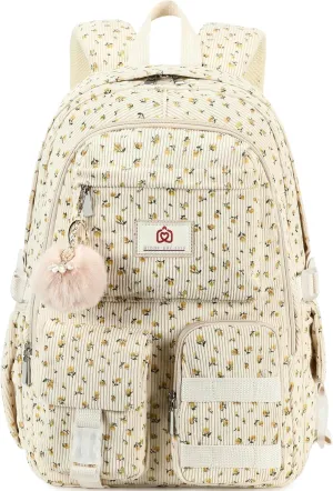 School Backpack for Teens Girls Women 15.6 Inch Laptop College Backpacks Corduroy Work Bag Kids Elementary Middle High Campus Bookbag Students Anti Theft Travel Daypack Womens - Beige Floral